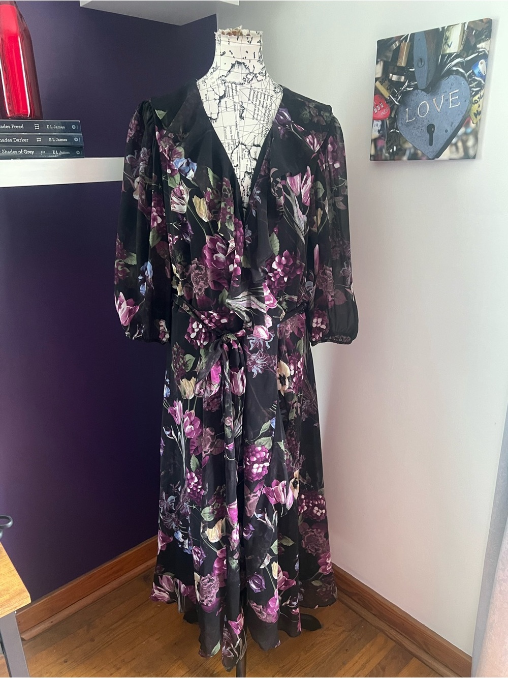 Roz & Ali Floral Black Faux Wrap Dress with Pink and Purple Blooms Plus Size
